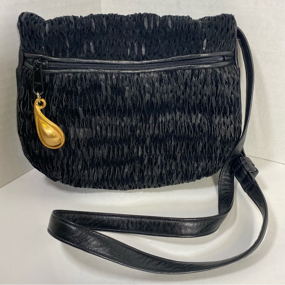 Vintage Sharif Crossbody Bag Black Leather Woven Shoulder Bag Handbag